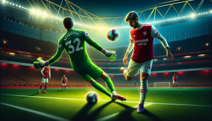 Вратарь "Арсенала" Давид Рая указывает на новый мяч Puma после пропущенного дальнего штрафного на "Ливерпуле".